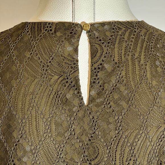 Liz Claiborne Moss Green Short Puff Sleeve Keyhole Lace Blouse Womens Size Small - Picture 5 of 8